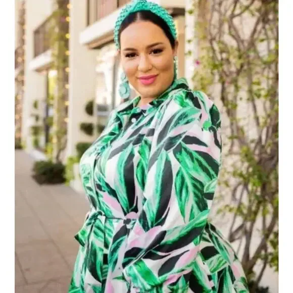 Lane Bryant Sz 18 BeautiCurve Silky Dress Green Pink Leaf Print Belted tailored - Picture 2 of 10